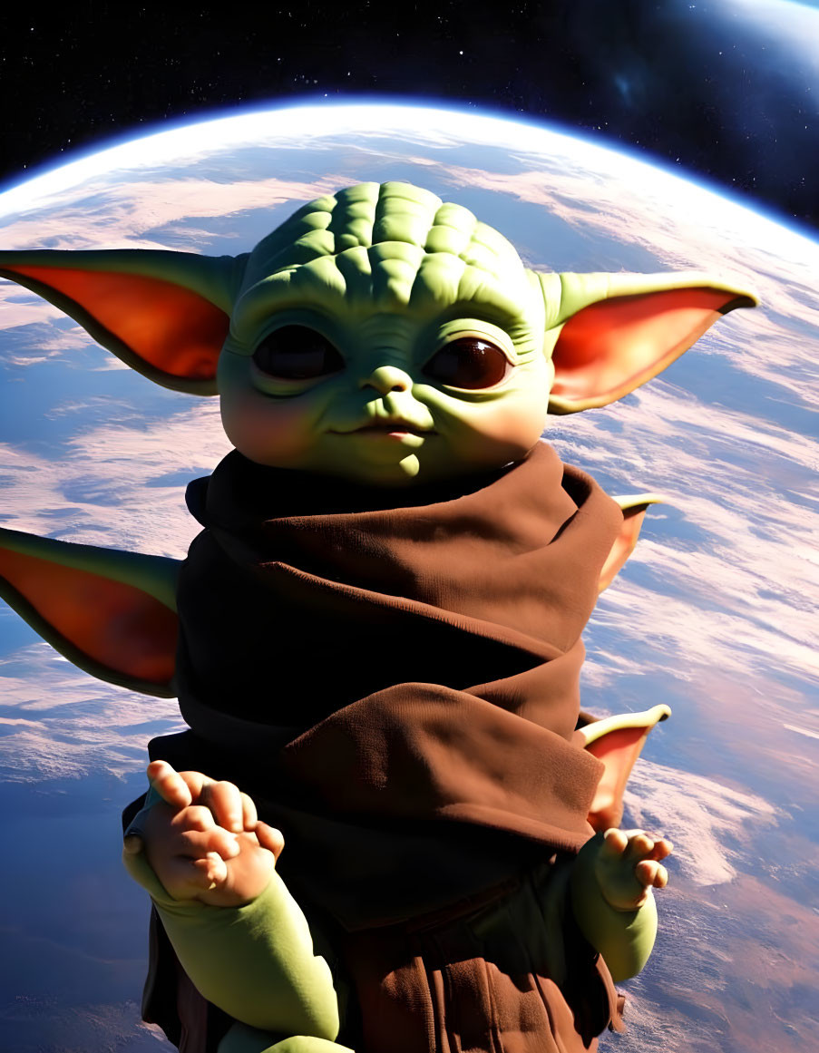 Realistic Baby Yoda Drawing in Brown Cloak with Big Ears and Eyes