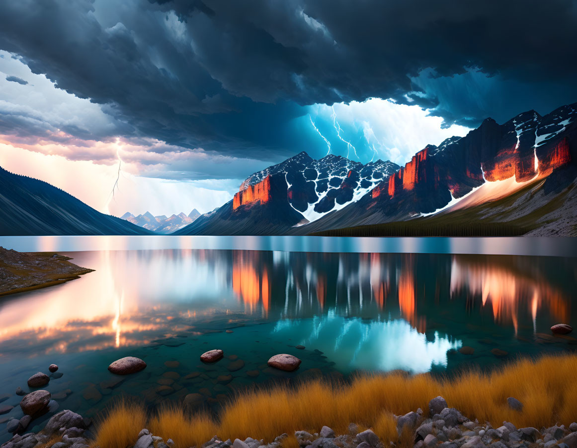 Composite Image of Tranquil Mountain Lake and Dramatic Thunderstorm with Lightning