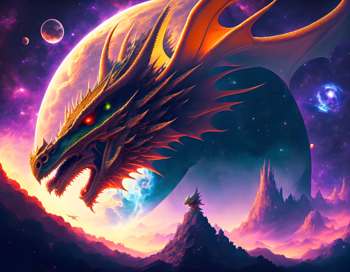 Colossal orange dragon in cosmic sky with planets and mountains