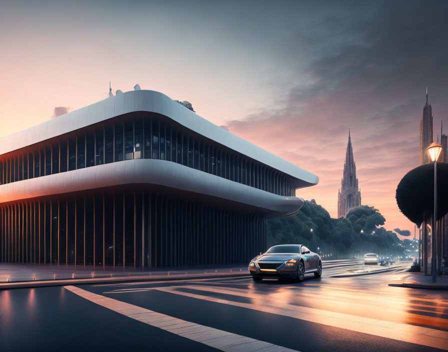 Modern building and car near road with dramatic sky and distant cathedral