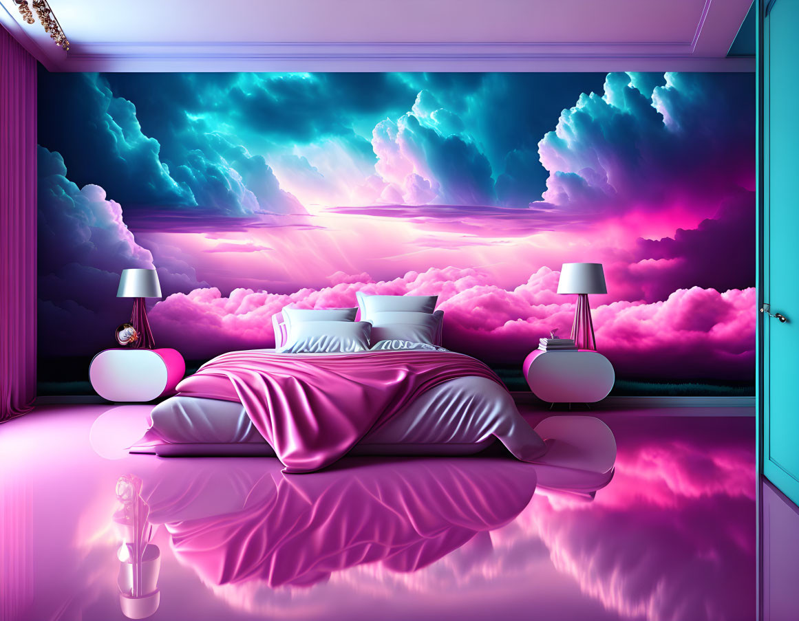 Colorful Bedroom with Cloud Mural and Satin Bed