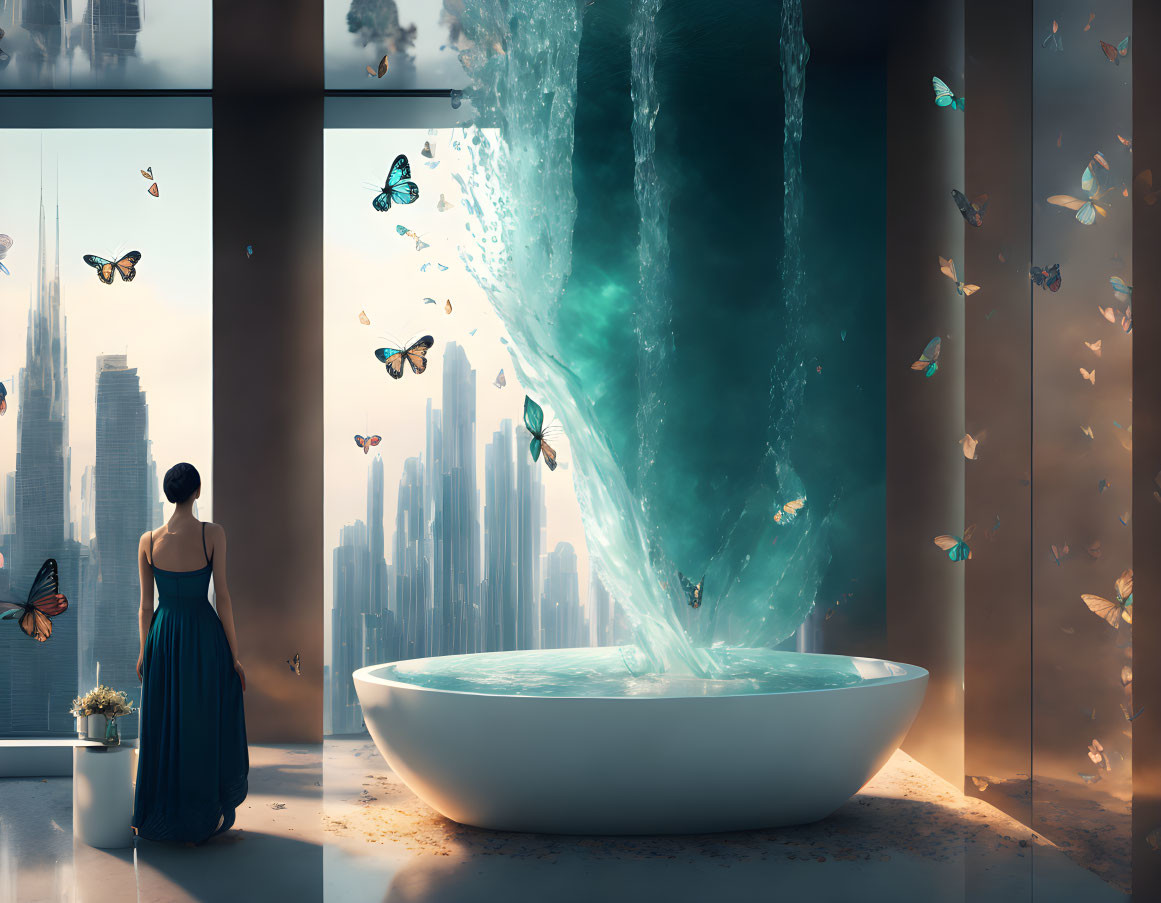 Woman in Blue Dress Watches Oversized Bathtub Spill Water Vortex