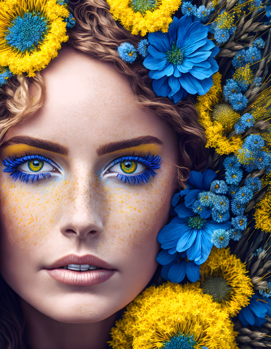 Portrait of Woman with Striking Blue Eyes and Floral Wreath