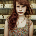 Fantasy image of woman with curly hair, emerald eyes, and golden adornments against white structures