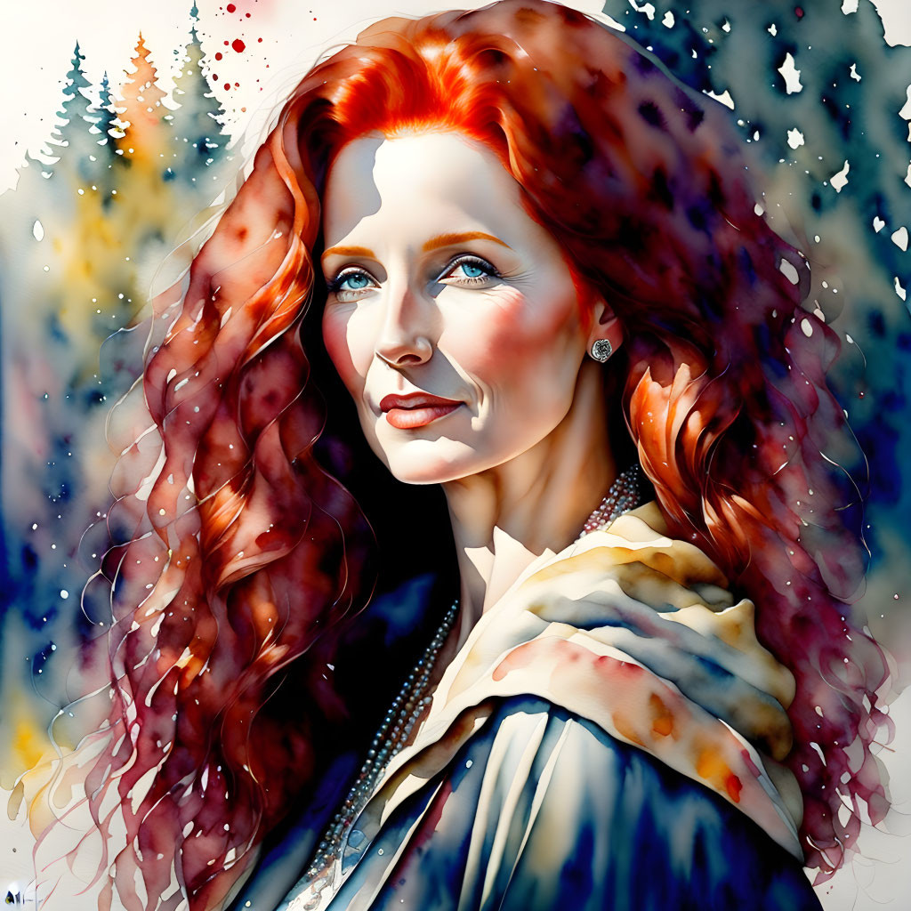 Digital painting of a woman with red hair in wintry forest scenery