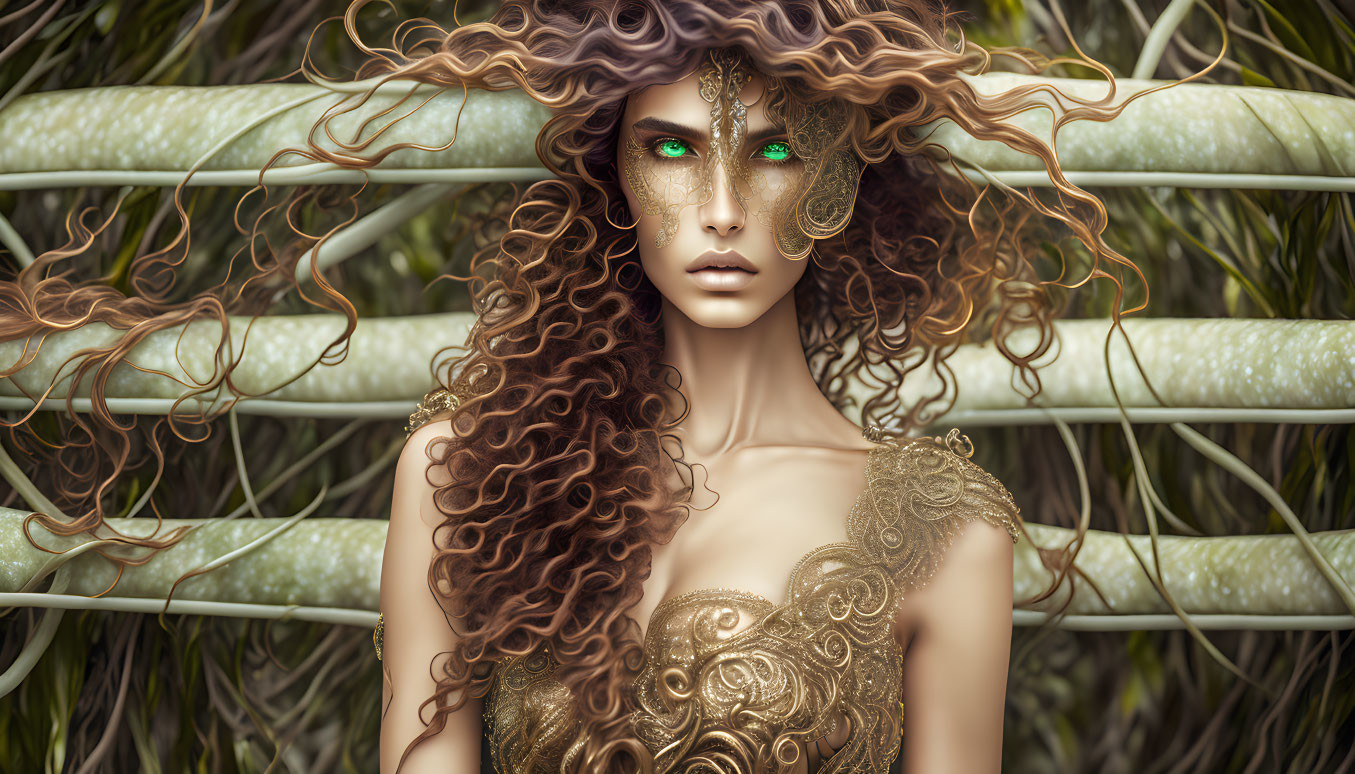 Fantasy image of woman with curly hair, emerald eyes, and golden adornments against white structures