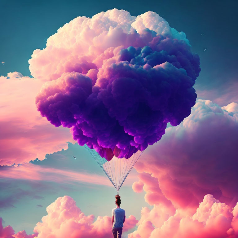 Person gazes at giant purple cloud tree connected to hot air balloon in surreal scene