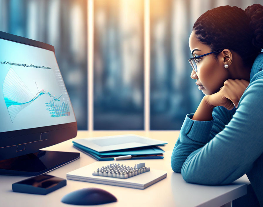 Professional woman analyzing data on computer in office setting