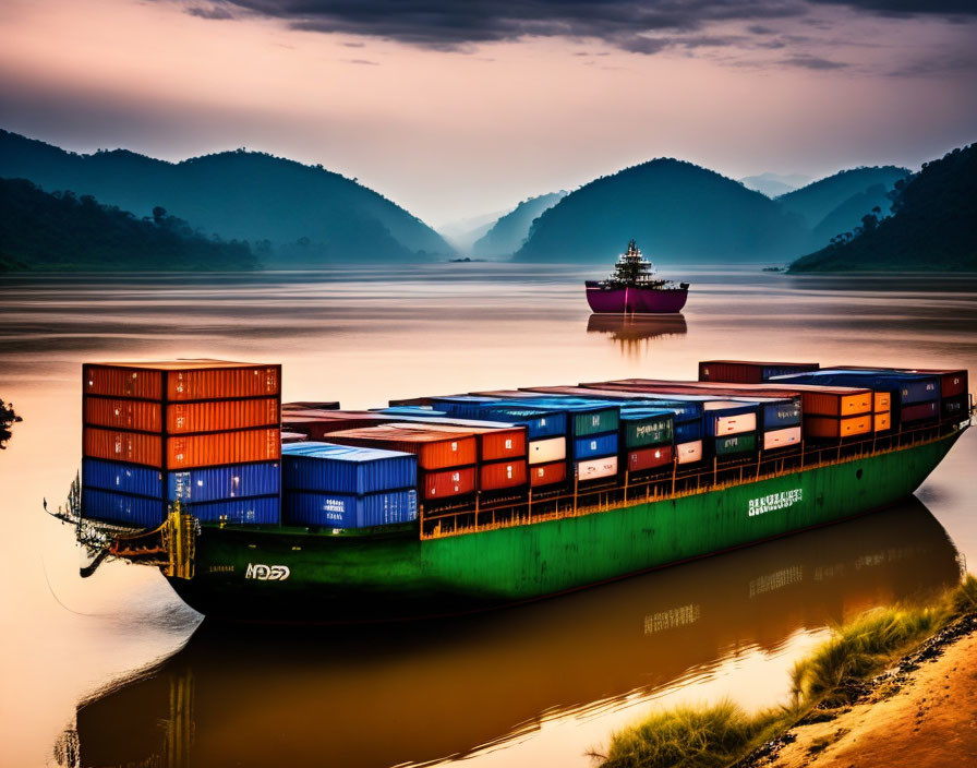 Colorful cargo ship on calm river at sunset with rolling hills