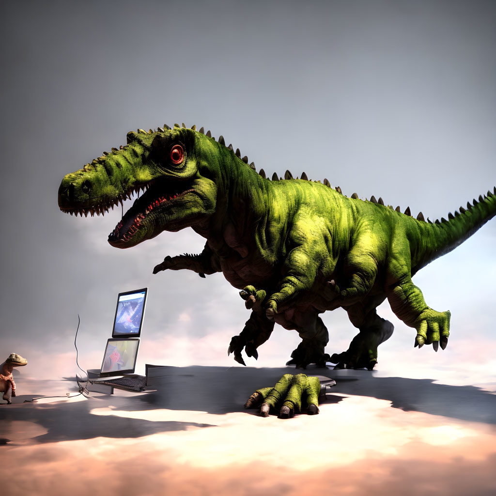 3D-rendered Tyrannosaurus rex with human figure on graphic tablet