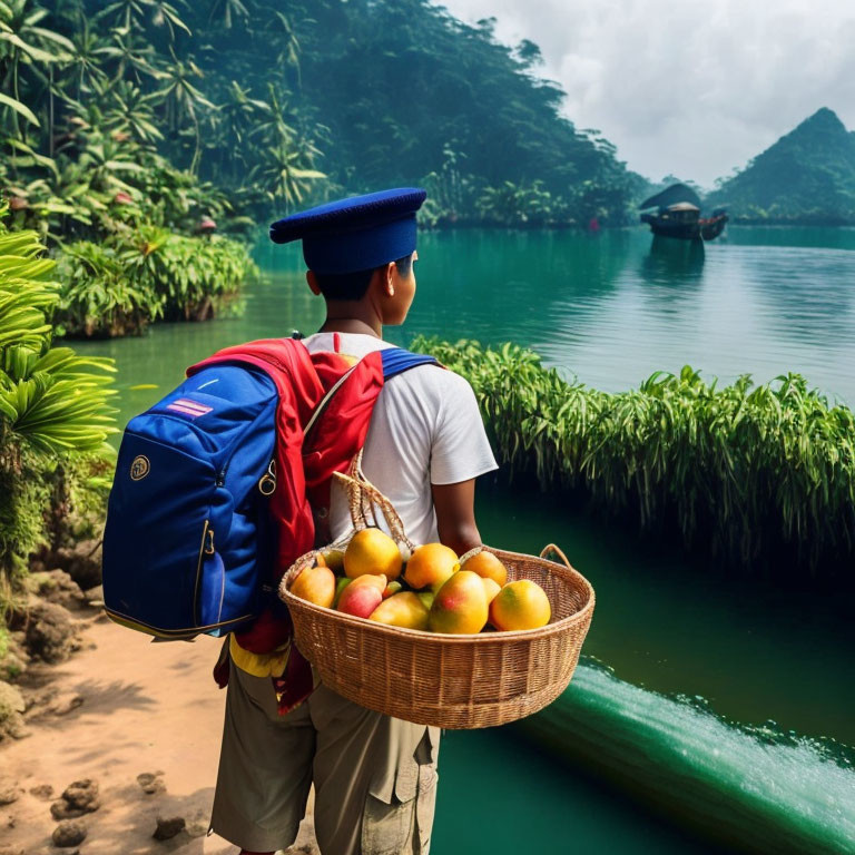 Person with fruit basket and backpack by tropical river with boat and lush greenery