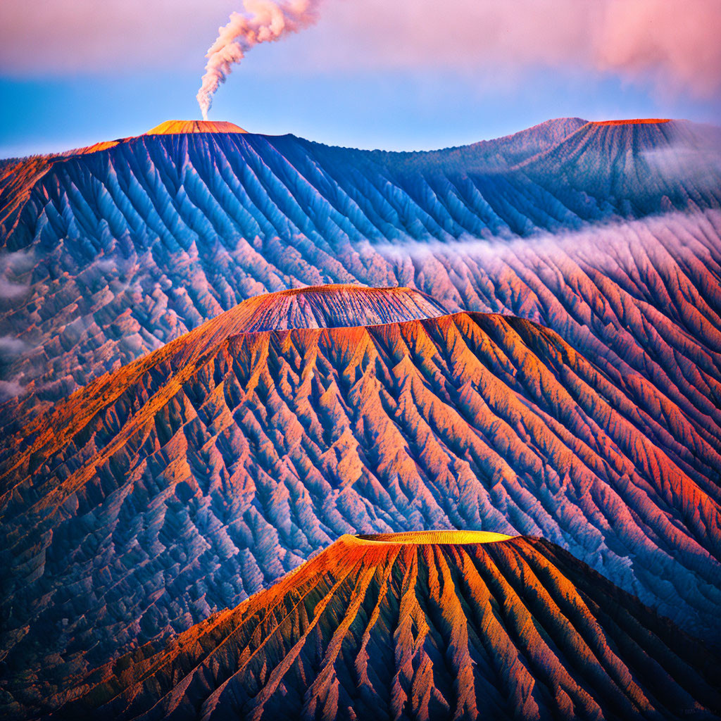 Smoking Volcano with Textured, Symmetrical Slopes at Sunrise