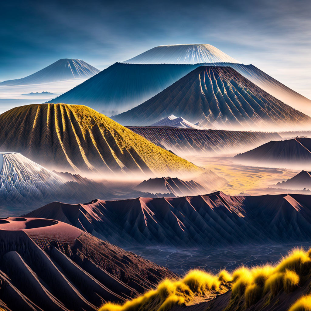 Snow-capped peaks and undulating hills in golden sunrise light