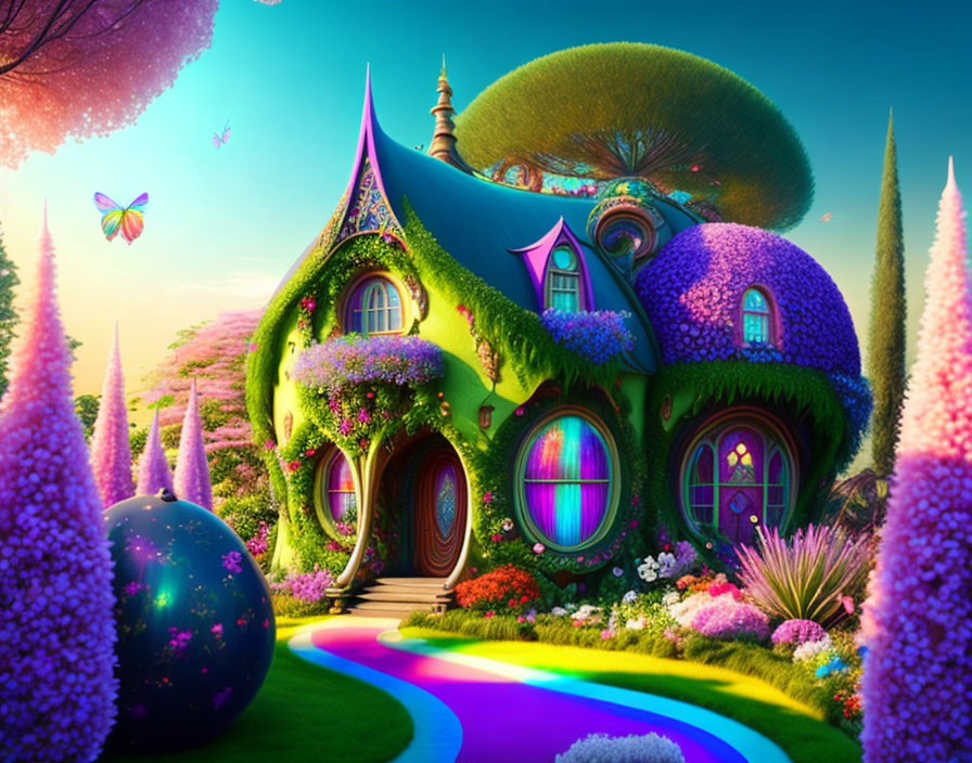 Colorful Fantasy Cottage with Gardens, Winding Path, and Glowing Sky