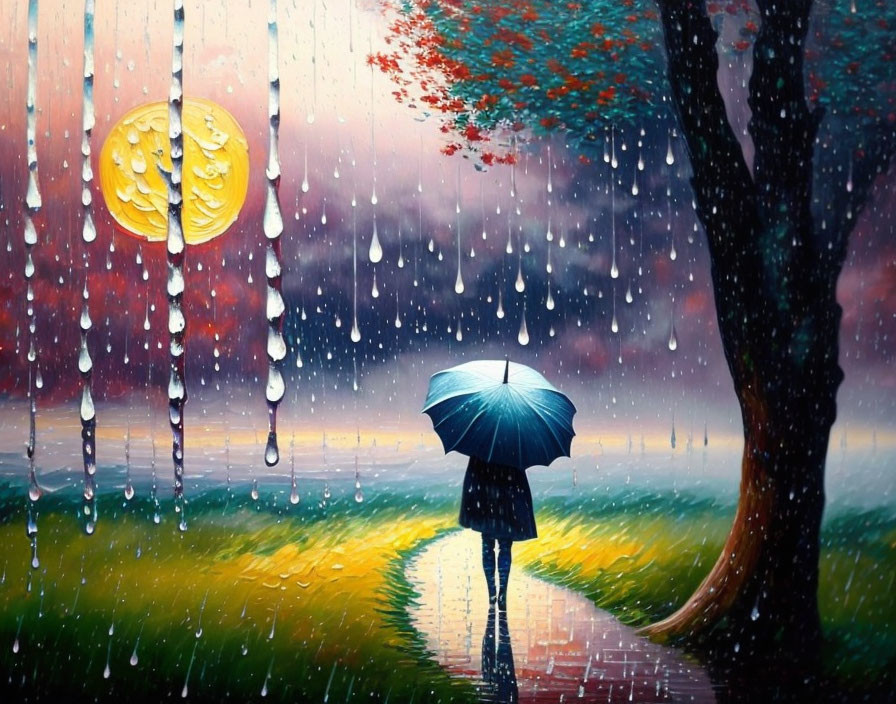 Person with umbrella on rainy path under whimsical moon and colorful tree leaves