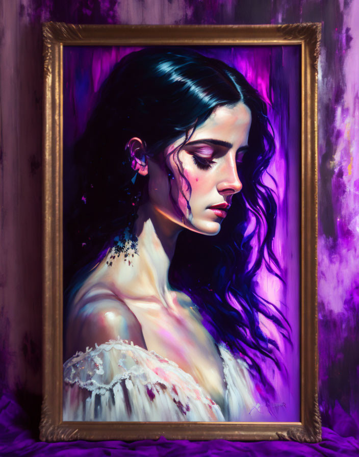 Portrait of Woman with Dark Hair in Vivid Purple Tones