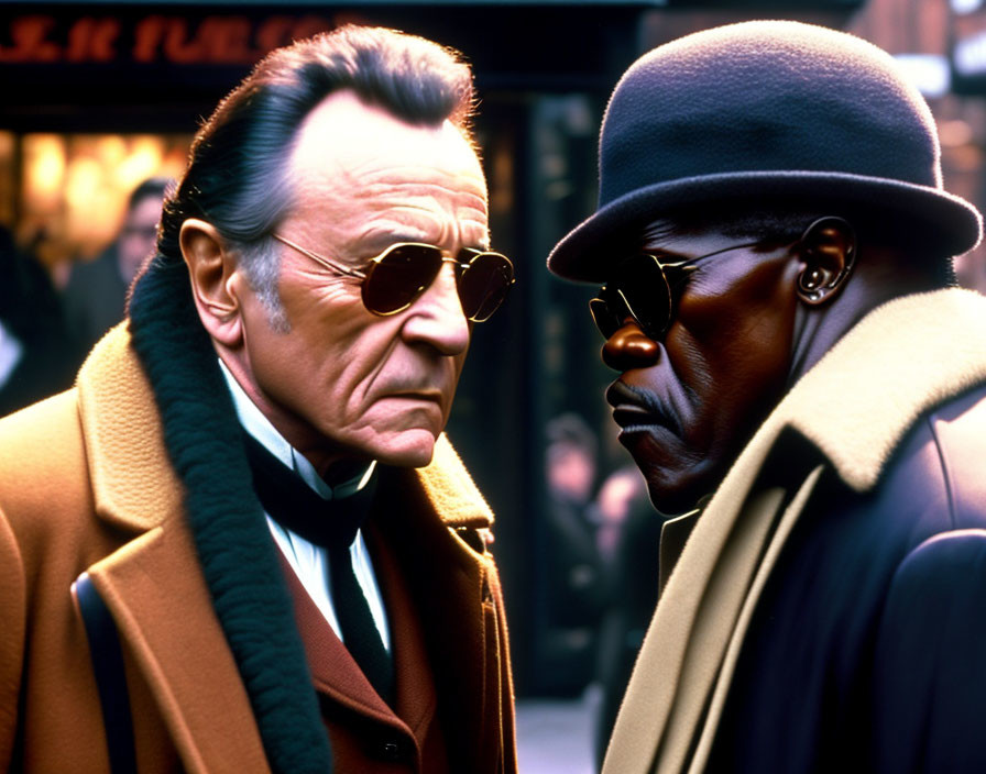 Two men in coats, one with sunglasses and scarf, the other with hat and sunglasses, face off