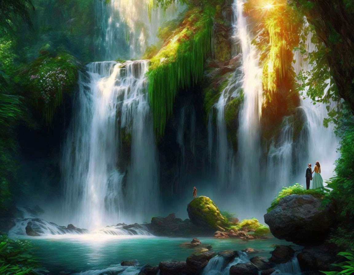 Tranquil forest waterfall with two people observing