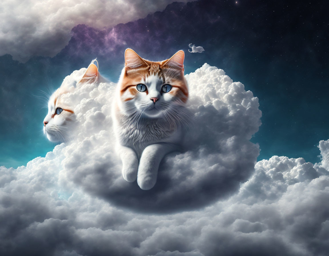 Fantastical cats with expressive eyes on fluffy cloud under starry sky