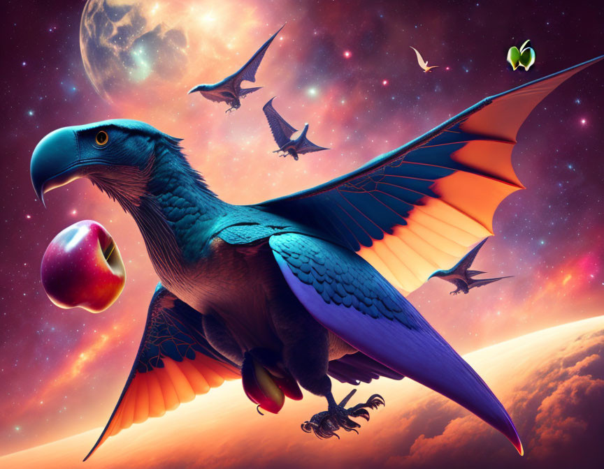 Giant eagle-like creature soaring with pterosaurs in colorful sky with nebula, planets, and