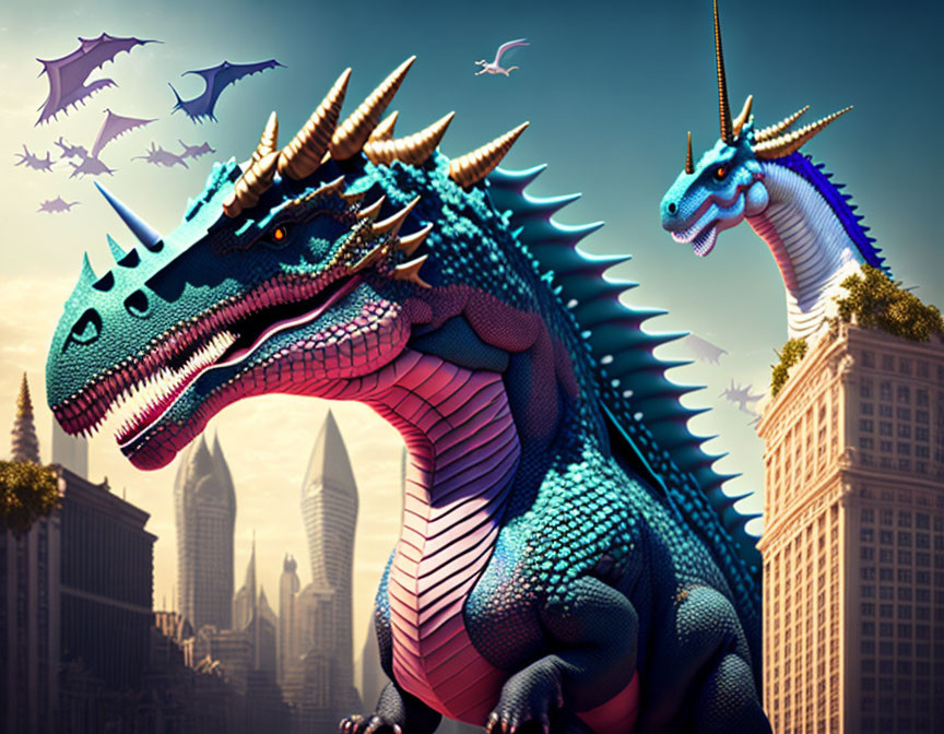 Vividly Colored Dragons Over Cityscape at Dusk