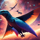 Giant eagle-like creature soaring with pterosaurs in colorful sky with nebula, planets, and