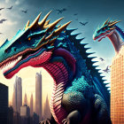 Vividly Colored Dragons Over Cityscape at Dusk