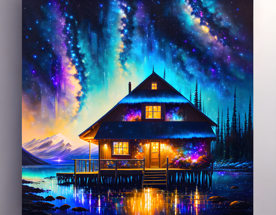 Tranquil lakeside cabin under dazzling aurora borealis