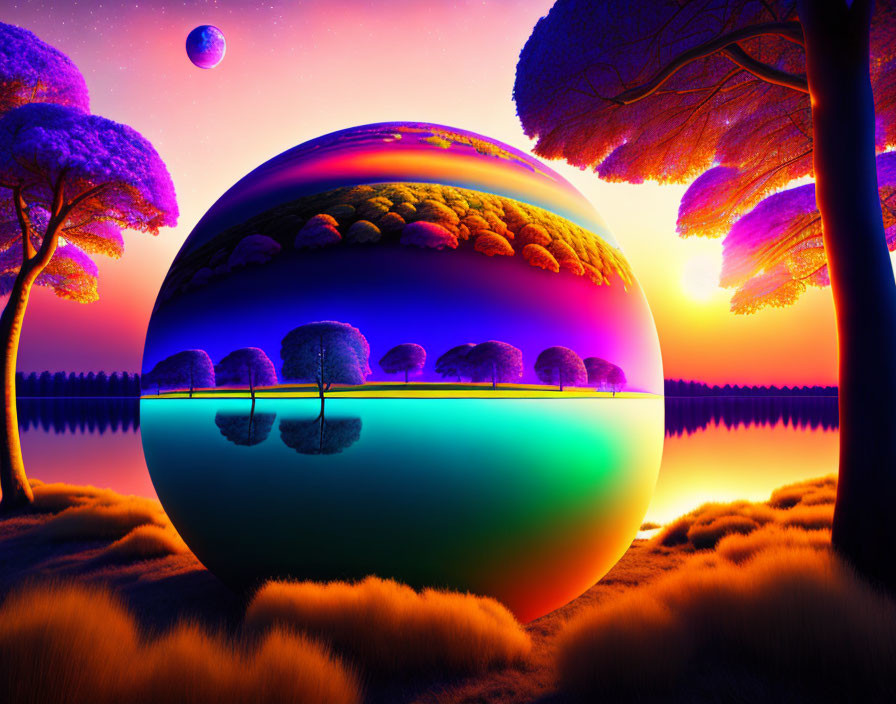 Surreal landscape with reflective sphere, purple skies, serene lake, planets, neon trees