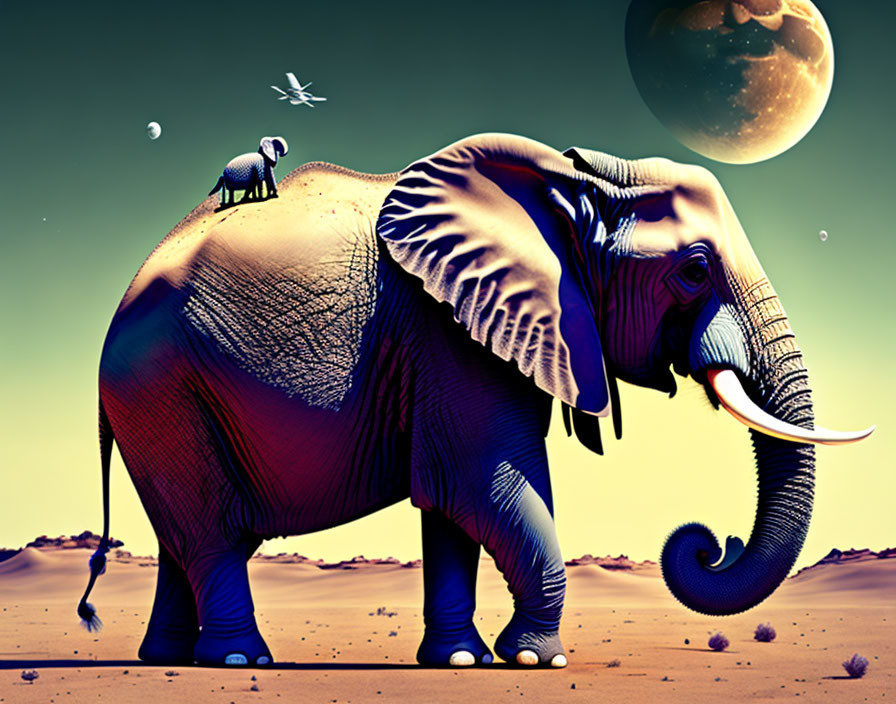 Surreal landscape with elephant and person under night sky