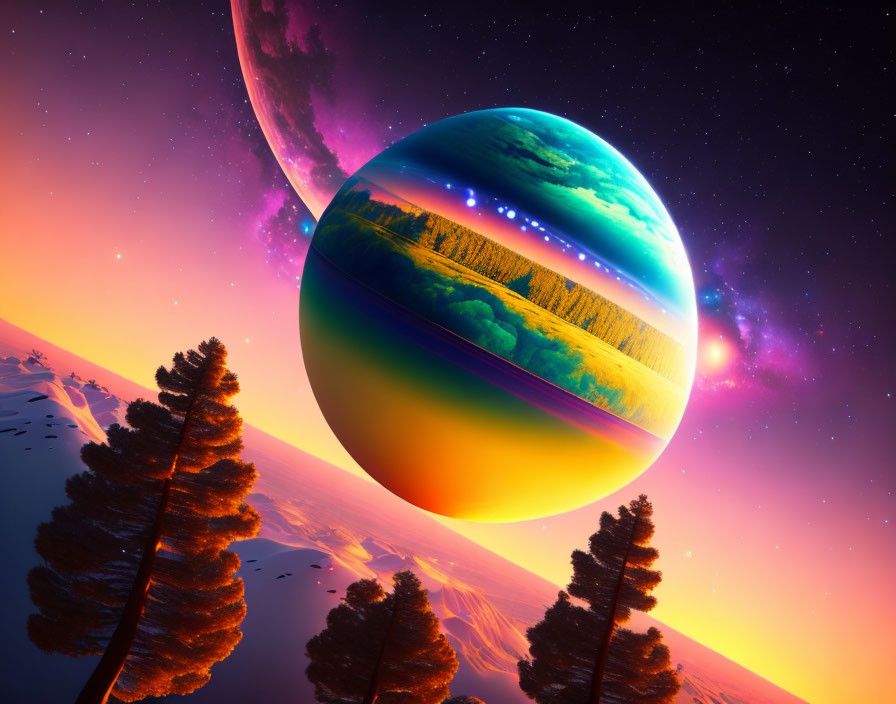 Vibrant surreal landscape with forest silhouette, psychedelic planets, and sunset horizon.