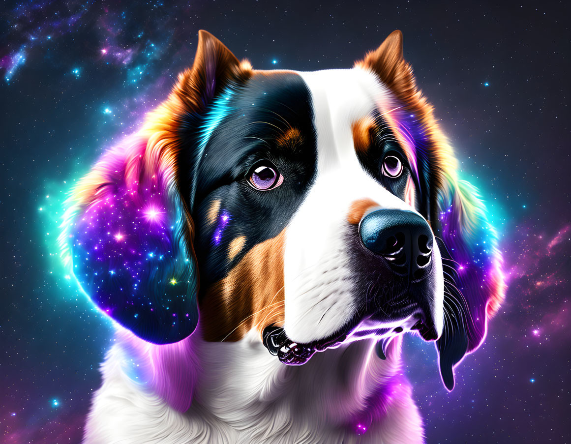 Colorful Dog Artwork Against Cosmic Background with Stars and Nebulae