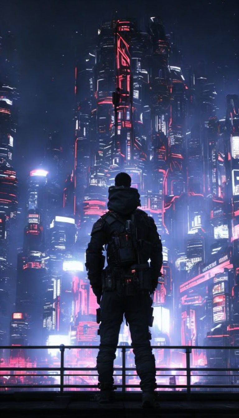 Futuristic Outfit in Front of Neon Cyberpunk Cityscape