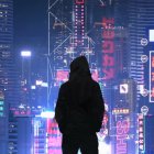 Futuristic Outfit in Front of Neon Cyberpunk Cityscape