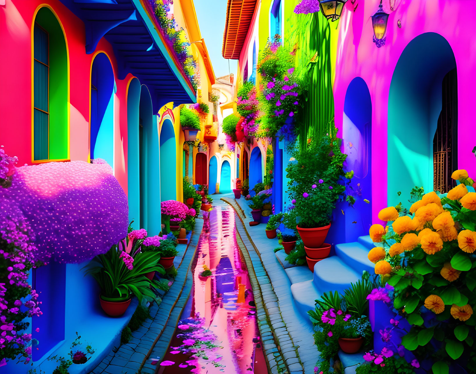 Colorful Alley with Purple, Blue, and Yellow Walls Reflecting in Water Canal