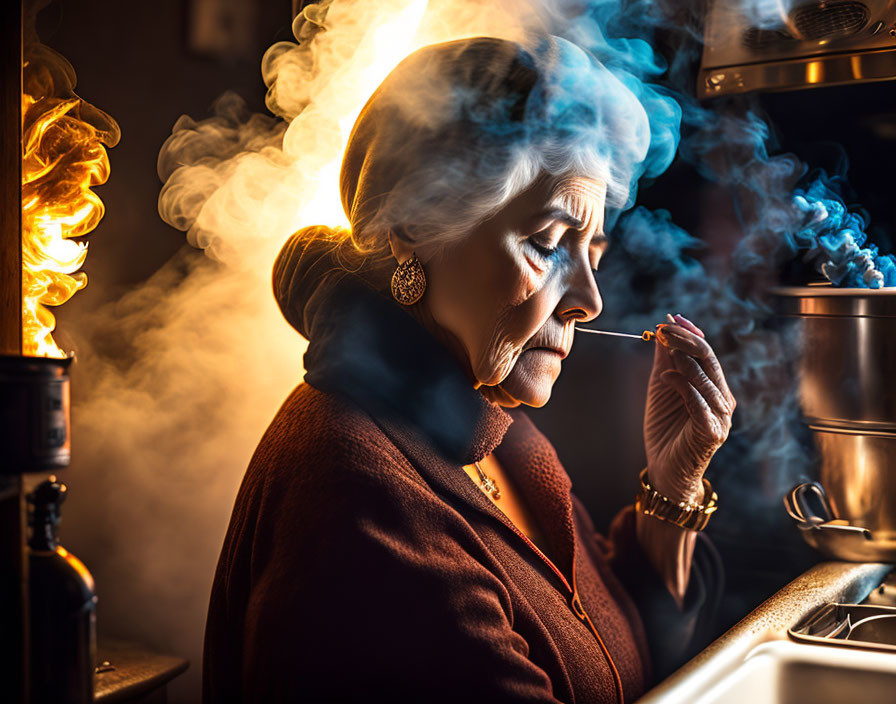 Elderly woman smoking with dramatic lighting and swirling smoke