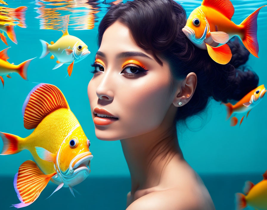 Woman with elegant makeup surrounded by vibrant tropical fish in underwater scene