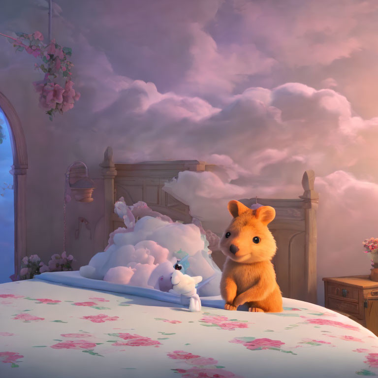 Small Orange Furry Creature with White Fluffy Cloud on Floral Bed