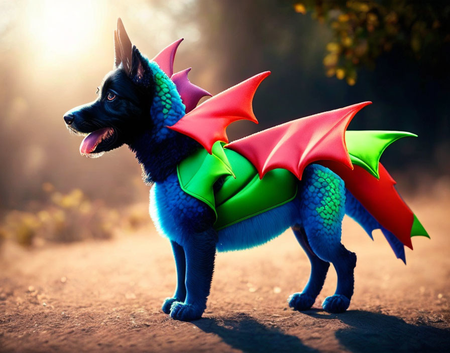 Black dog in colorful dragon costume under sunlight