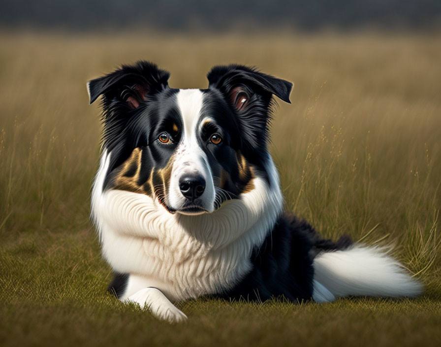 Black and white border collie lying on grass with attentive eyes