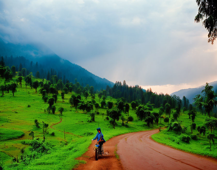 Cyclist on Blue Bike Riding Through Green Fields