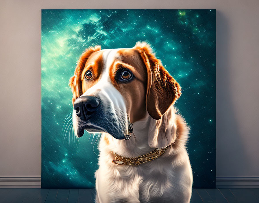 Brown and White Dog with Golden Chain Collar Sitting Near Cosmic-Themed Painting