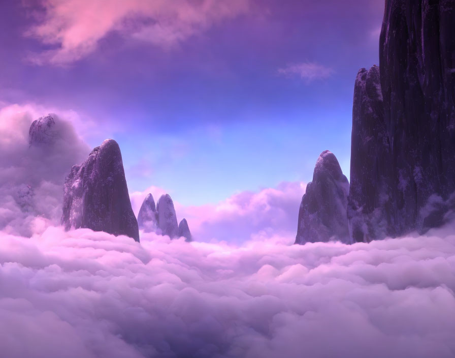 Majestic mountain peaks above pink and purple clouds in serene sky