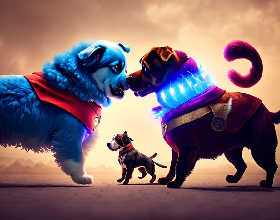 Animated superhero dogs in blue and red capes face off, with a smaller dog nearby