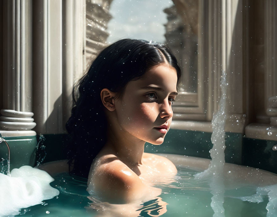 Girl in sunlit bath with frozen water droplets and calm demeanor.