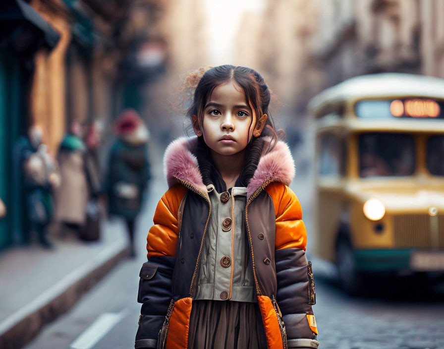 Young girl in brown and orange coat on urban street with blurred pedestrians and yellow bus