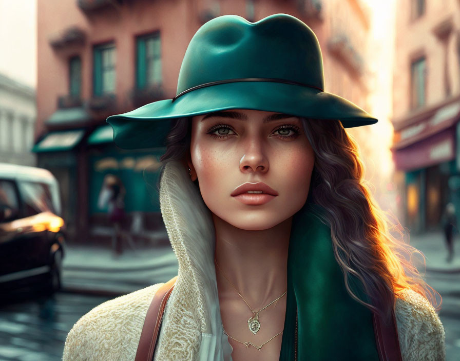 Digital artwork featuring woman with green eyes, large green hat, coat, city street scene