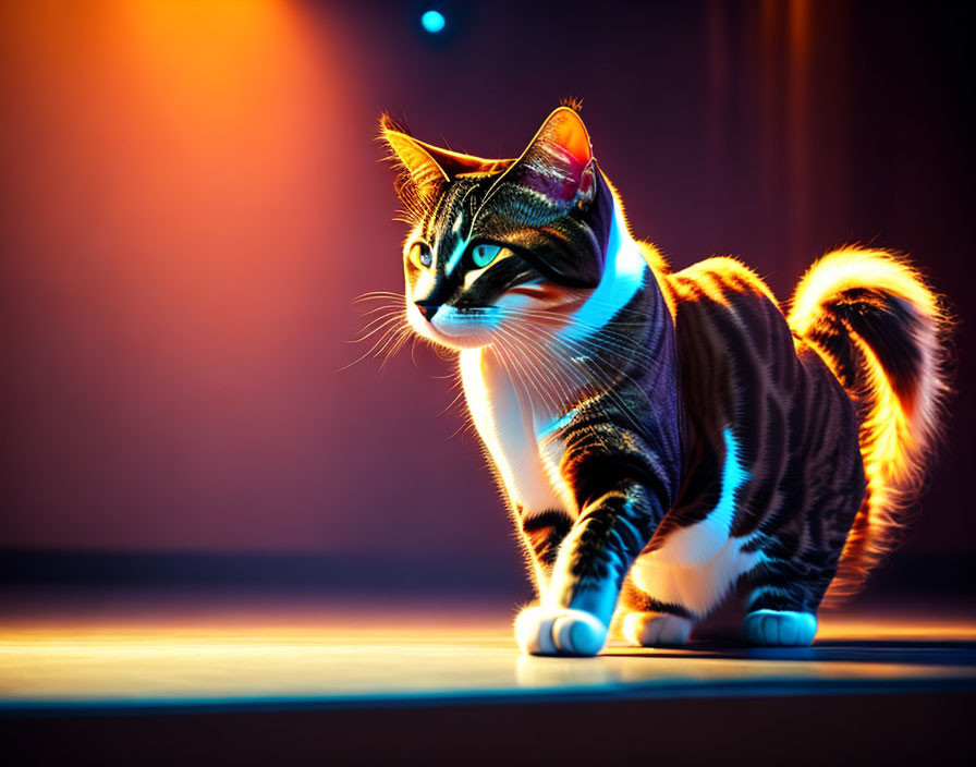 3D-rendered domestic cat with black and orange stripes on wooden floor