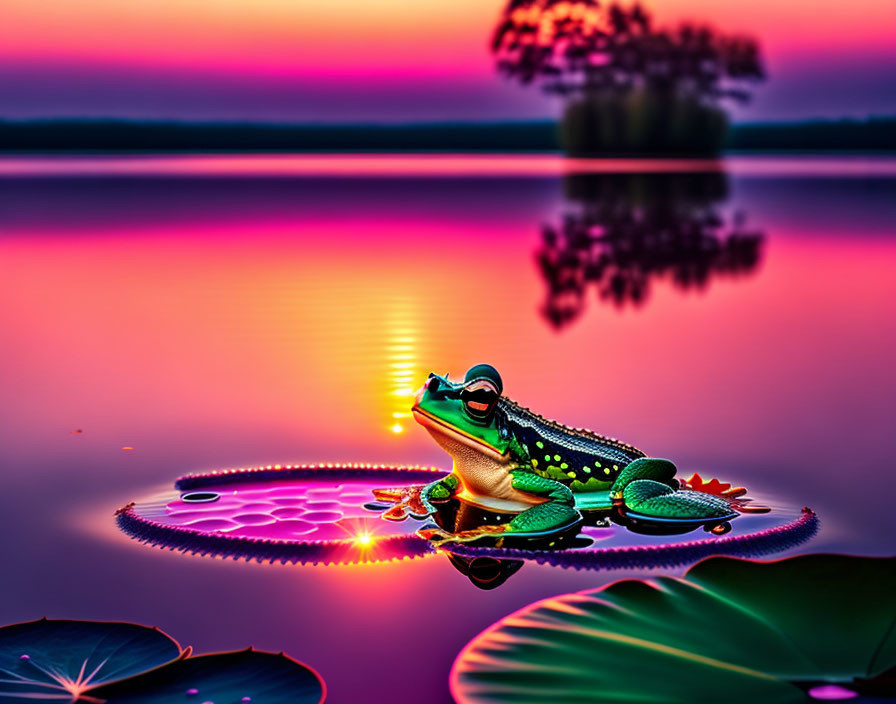 Colorful digital artwork: Frog with glasses on lily pad at sunset