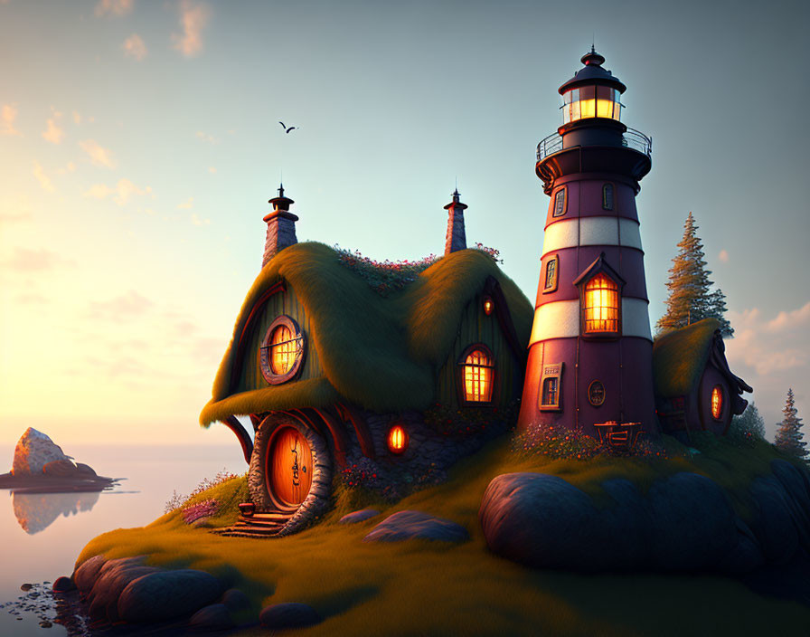 Whimsical lighthouse and cottage on serene coastline at sunset